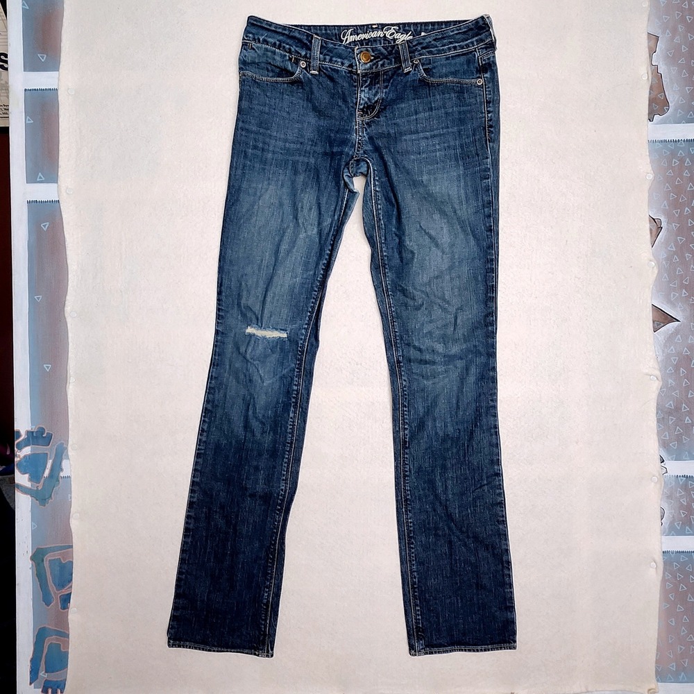 Y2K American Eagle 77 Straight Jeans Women 6L Low Rise Distressed Denim Fade